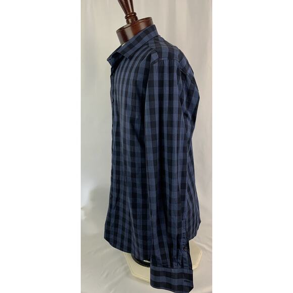 Large Alfani Slim Fit Stretch Long Sleeve Button Up Blue Plaid Check Dress Shirt - Picture 3 of 7